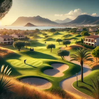 Een golfbaan in de Costa Blanca, Spanje, met groene fairways, palmbomen, en op de achtergrond de bergen en de Middellandse Zee.