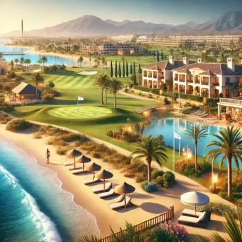 Een serene weergave van het kustresort Oliva Nova aan de Costa Blanca, met een zandstrand, helderblauw water, een golfbaan, vakantiehuizen, palmbomen en mediterrane flora.