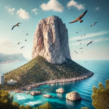 Een majestueus uitzicht op de Peñón de Ifach, een torenhoge kalkstenen rotsformatie in Calpe, Costa Blanca, omgeven door de blauwe Middellandse Zee en groene vegetatie aan de voet.