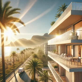 Een modern lange termijn huurappartement in de Costa Blanca met een ruim balkon dat uitkijkt op de Middellandse Zee, omringd door palmbomen en een zonnige lucht.