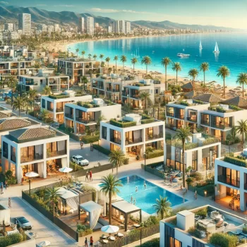 Een scène van de vastgoedmarkt in de Costa Blanca, met moderne appartementen, luxe villa's, en traditionele Spaanse huizen tegen de achtergrond van de Middellandse Zee, omringd door palmbomen en een blauwe lucht.