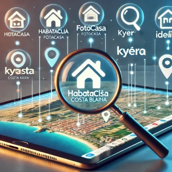 Visualisatie van populaire vastgoedwebsites in Spanje, waaronder Habitaclia, Fotocasa, Kyero en Idealista, met een achtergrond van een kaart van de Costa Blanca en iconen die een online woningzoektocht vertegenwoordigen."