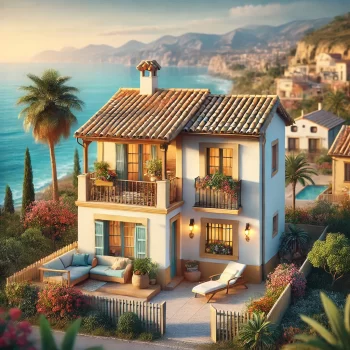 Afbeelding van een kleine, charmante woning aan de Costa Blanca, Spanje, met een balkon, een pannendak, omgeven door palmbomen en bloemen met uitzicht op zee. Huis kopen in Spanje voor relatief weinig geld.