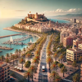 Afbeelding van Alicante, Spanje, met het kasteel Santa Bárbara op de heuvel, de Explanada de España promenade, palmbomen, en de Middellandse Zee op de achtergrond.