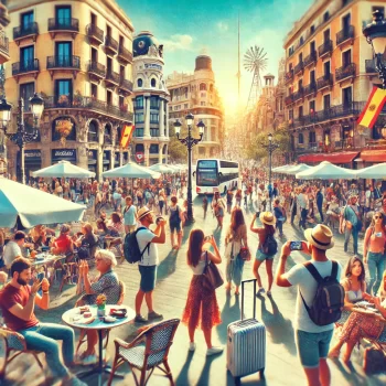 Afbeelding van een drukke straat in een Spaanse stad, vol met toeristen en locals, omgeven door iconische architectuur en winkels, die het recordtoerisme in 2024 weergeeft.