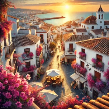 Afbeelding van Oliva waar Frits bom woonde in de Costa Blanca. Spanje, met witte Spaanse huizen, terracotta daken, bloeiende bougainvillaea, en de Middellandse Zee op de achtergrond bij zonsondergang.