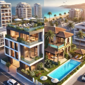 Afbeelding van een modern Spaans appartement met balkons en een luxe villa met een privézwembad, tuin, en terracotta dak, gelegen in een mediterrane omgeving.