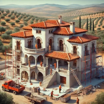 Afbeelding van een gedeeltelijk gebouwd huis in Spanje met een mediterrane stijl, terracotta dakpannen, witte muren, bouwvakkers, steigers, en het Spaanse platteland op de achtergrond.