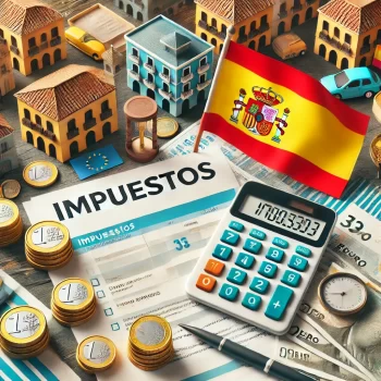 Afbeelding met een Spaanse vlag, een rekenmachine, belastingformulieren met 'Impuestos', en euro munten, met een Spaanse stad op de achtergrond. iemand die belasting afdragen in spanje doet.