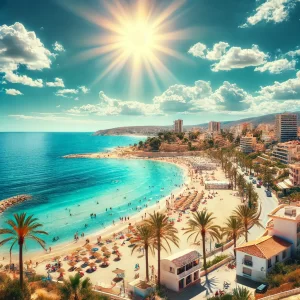 Afbeelding van de Costa Blanca met een helderblauwe zee, een zandstrand, palmbomen, witte gebouwen met terracotta daken, en mensen die van de zon genieten. Maar Afbeelding van de Costa Blanca met een helderblauwe zee, een zandstrand, palmbomen, witte gebouwen met terracotta daken, en mensen die van de zon genieten. Maar hoeveel dagen zon heeft spanje eigenlijk gemiddeld per jaar?