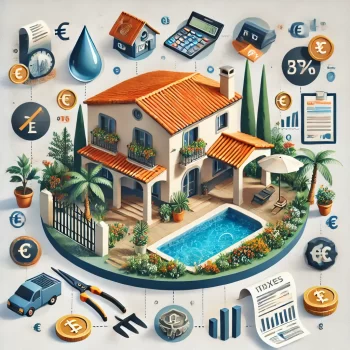 Afbeelding van een mediterraan huis met een zwembad, tuin, calculator, rekeningen, en symbolen van belasting, nutsvoorzieningen, en verzekeringen die de onderhoudskosten in Spanje weergeven.