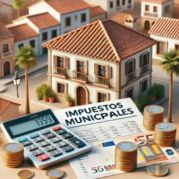 Afbeelding van een typisch Spaans huis met een terracotta dak, belastingdocumenten met de tekst 'Impuestos Municipales', euro munten, en een rekenmachine, tegen de achtergrond van een Spaans stadje met de Gemeentebelastingen in Spanje