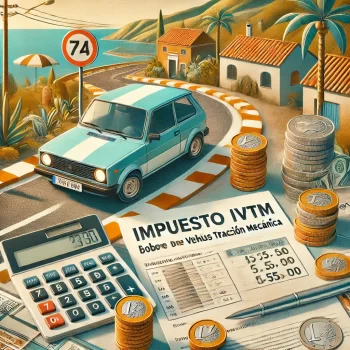 Afbeelding van een Spaanse auto met kenteken, euro munten, een belastingformulier met de tekst 'Impuesto sobre Vehículos de Tracción Mecánica', en een rekenmachine, tegen een typisch Spaans landschap. wegenbelasting in spanje