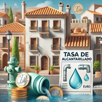 Afbeelding van een traditioneel Spaans huis die ook rioolbelasting moet betalen. En een belastingformulier met de tekst 'Tasa de Alcantarillado', waterdruppels die het rioolsysteem symboliseren, en euro munten, tegen een Spaanse straat op de achtergrond.