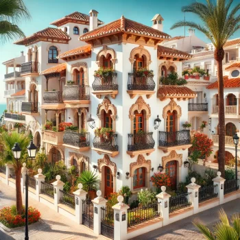 Afbeelding van een traditionele Spaanse townhouse in de Costa Blanca met witte muren, terracotta dakpannen, en balkons met smeedijzeren hekwerk, gelegen in een pittoreske mediterrane straat.