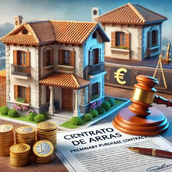 Afbeelding van een traditioneel Spaans huis, een contractdocument met de tekst 'Contrato de Arras,' euro munten, en een notarisgebouw met mediterrane architectuur en een hamer op de achtergrond.op de afbeelding een Voorlopig Koopcontract in Spanje