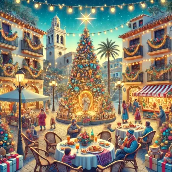 Afbeelding van kerst vieren in Spanje met een traditioneel versierde kerstboom, een Belén (kerststal), mensen die genieten van de sfeer, en een familie die buiten dineert met Spaanse kerstgerechten.