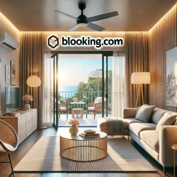 Afbeelding van een modern en stijlvol Spaans appartement met elegante inrichting, een ruime woonkamer met zeezicht, comfortabele meubels, en een balkon met tafel en stoelen, ideaal voor verhuur via Booking.com.