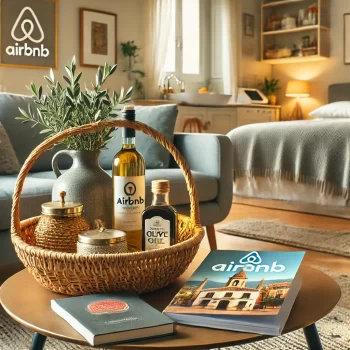 Afbeelding van Positieve recensies op Airbnb met je appartement in Spanje, een goed onderhouden Spaans appartement met een stijlvolle woonkamer, een welkomstmand met lokale lekkernijen, en een gids met lokale tips. De achtergrond toont een gezellige slaapkamer met fris beddengoed.