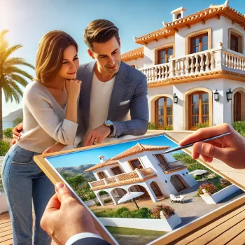 Een scherp beeld van een stel dat een goed onderhouden Spaanse villa inspecteert met een makelaar, met mediterrane architectuur, een zonnig terras, en palmbomen op de achtergrond. Ze doen een woningbezichtiging in Spanje