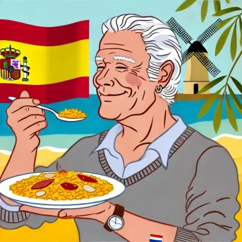 Hoe word ik een Spanjaard:Een volwassen Nederlandse man geniet van een bord paella met een glimlach, tegen een achtergrond van een zonnig Spaans landschap met olijfbomen en een Spaanse vlag.