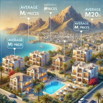 Gedetailleerde illustratie van de vastgoedmarkt in Costa Blanca Noord, met verschillende woningtypes en prijsindicaties, omringd door iconische bezienswaardigheden zoals de Peñón de Ifach, stranden en bergen. met de Gemiddelde vierkante meter prijs
