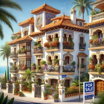 Ultra high-definition afbeelding van een rijtjeswoning in de Costa Blanca, met witte muren, terracotta daken, kleurrijke bloemen op de balkons, en een 'Te Koop' bord. Op de achtergrond zijn palmbomen, een helderblauwe lucht, en de zee te zien.
