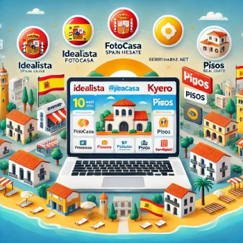 llustratie van de 10 beste Spaanse huizenwebsites voor het kopen van vastgoed, met een centraal laptop scherm waarop de websites Idealista, Fotocasa, Kyero, Spainhouses.net, Tucasa, Pisos, Habitaclia, Haya Real Estate, Servihabitat, en ThinkSpain zichtbaar zijn. Omringd door Spaanse huizen, villa's, en mediterrane elementen.