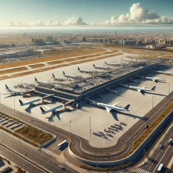 Een luchtfoto van Valencia Airport (VLC) in Spanje, met de moderne terminal, startbanen, parkeerfaciliteiten en de stad Valencia op de achtergrond.
