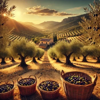 Een schilderachtig beeld van een olijfboomgaard in Spanje met rijpe olijven, glooiende heuvels, een traditionele Spaanse boerderij in de verte en manden gevuld met vers geplukte olijven op de voorgrond. klaar voor de olijfolie