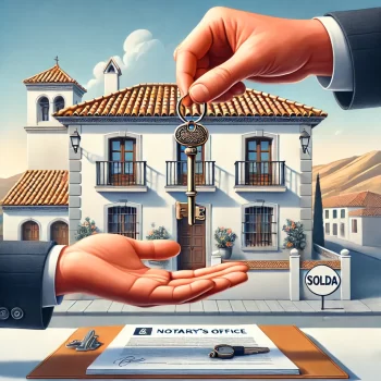 Een illustratie van een sleuteloverdracht in Spanje, waarbij een hand een set huisleutels overhandigt aan een andere hand voor een traditionele Spaanse woning met witte muren en terracotta dakpannen.