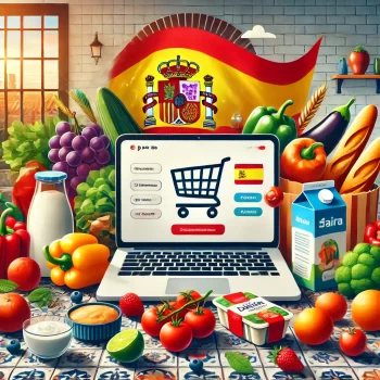 Een afbeelding van online boodschappen bestellen in Spanje, met een laptop waarop een supermarktwebsite openstaat, omringd door verse producten zoals fruit, groenten, brood, en zuivelproducten, met een Spaanse vlag op de achtergrond.