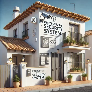 Een moderne Spaanse woning met zichtbare beveiligingsfuncties zoals een beveiligingscamera, een slim deurslot, en ramen met versterkte staven. De woning heeft een 'Protected by Security System' bord en ligt in een zonnige Spaanse omgeving. huis beveiligen in spanje in belangrijk voor veiligheid