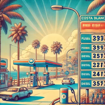 Een afbeelding van een tankstation in de Costa Blanca, Spanje, met brandstofprijsborden voor benzine en diesel, omgeven door een zonnig landschap met palmbomen en een strand op de achtergrond.