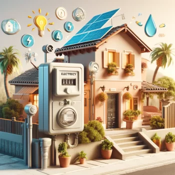 Een gedetailleerde afbeelding van een Spaanse woning met elementen zoals een elektriciteitsmeter, een waterkraan, en zonnepanelen, die de kosten van elektriciteit en water in Spanje weergeven. wat kost elektriciteit en water in spanje?