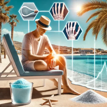 Een persoon met reuma geniet van het warme klimaat in Spanje, zittend op een comfortabele lounge stoel op een zonnig strand met een blauwe hemel, zachte golven, en palmbomen op de achtergrond.