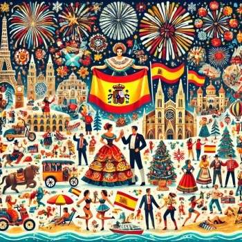 Een kleurrijke illustratie van verschillende Spaanse feestdagen met traditionele dansers, vuurwerk, kerstversiering, strandfeesten, en mensen die de Spaanse vlag vieren.