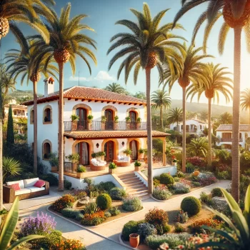 Traditionele Spaanse villa met witte muren, rode terracotta dakpannen, omringd door palmbomen en een goed onderhouden tuin. Huis kopen in spanje regels