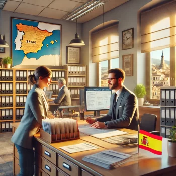 Een man en vrouw bespreken eigendomsdocumenten met een officiële medewerker in een Spaans registerkantoor, met een map van Spanje op de muur en een computer op het bureau.