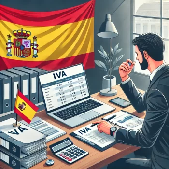 Een Spaanse accountant die een klant uitleg geeft over IVA (BTW) met behulp van een laptop, documenten, een calculator, en een Spaanse vlag op de achtergrond.