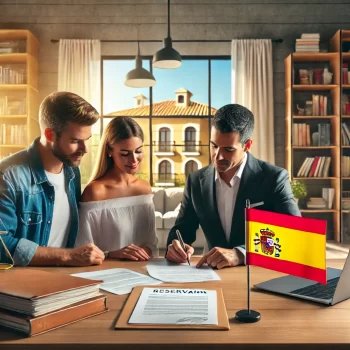 Een koppel dat samen met een makelaar een reserveringscontract voor een woning in Spanje tekent in een modern kantoor, met juridische documenten, een laptop, en een kleine Spaanse vlag op het bureau.