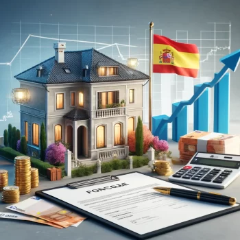 Een Spaanse villa met hypotheekdocumenten, een rekenmachine, euro's, en een Spaanse vlag die het financieringsproces van een woning in Spanje symboliseren. Als buitenlander een huis kopen in spanje