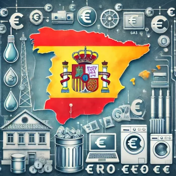 Een visuele weergave van de nutsbedrijven in Spanje, met symbolen voor elektriciteit, water, gas, internet, en afvalverwerking, tegen de achtergrond van een kaart van Spanje.