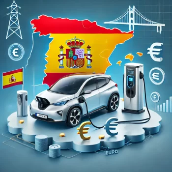 Een elektrische auto die wordt opgeladen bij een laadstation in Spanje, met een kaart van Spanje, oplaadsymbolen, en Spaanse elementen op de achtergrond.