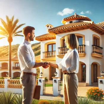 Een persoon en een makelaar schudden elkaar de hand voor een mediterraan huis met terracotta dak in Spanje. succesvol een woning kopen in Spanje