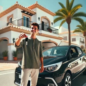 Een persoon staat naast een net gekochte auto in Spanje, met de autosleutels in de hand, voor een mediterraan gebouw met witte muren en een terracottadak.