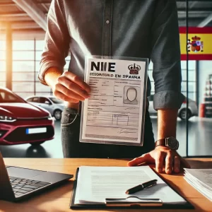 Een persoon staat bij een bureau met een document dat het NIE-nummer vertegenwoordigt, met een autodealer zichtbaar op de achtergrond.