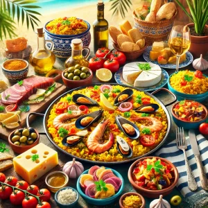 Typische Spaanse gerechten zoals paella, tapas, en tortilla op een zonnige buitenlocatie met een mediterrane sfeer.