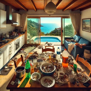 Een Spaanse woning met een rommelige en slordige inrichting, vuile vaat op het aanrecht en een asbak met sigarettenpeuken op tafel, maar met een prachtig zeezicht zichtbaar door grote ramen. De afbeelding benadrukt het contrast tussen de ongeorganiseerde binnenkant en het mooie uitzicht op zee