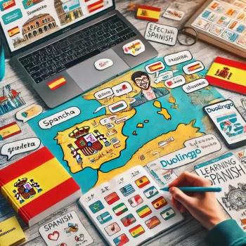 Persoon die Spaans leert met boeken, flashcards en een laptop met een taalapp. Een kaart van Spanje en Spaanse vocabulaire staan op de achtergrond, wat een energieke leeromgeving weergeeft